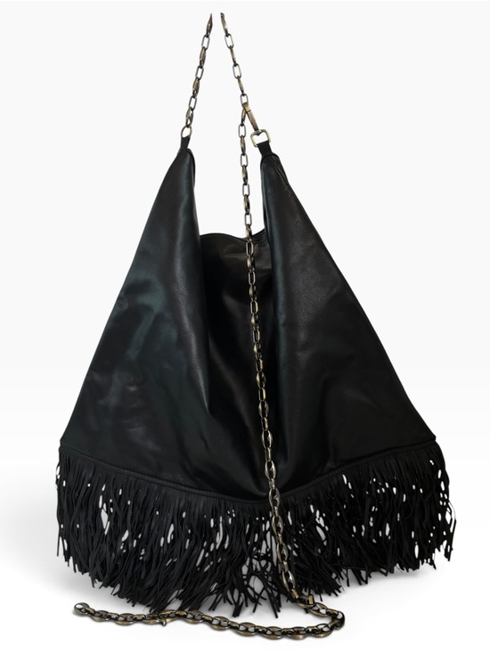 None Handbags - Black Fringe Vegan Leather Shoulder Bag with Chain Strap